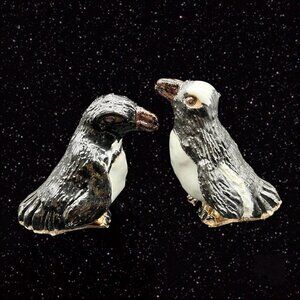 Vintage Penguin Stoneware Figurine Lot Set 2 Hand Made Animal Bird White Stomach